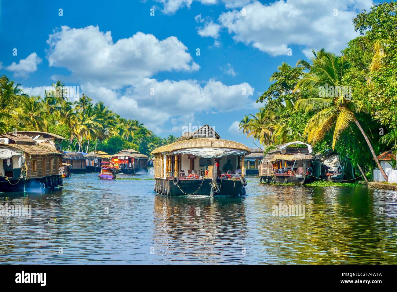 In the peaceful backwaters of the southern state of Kerala, India, covered barges travel along a narrow canal lined with coconut palm trees. Stock Photo