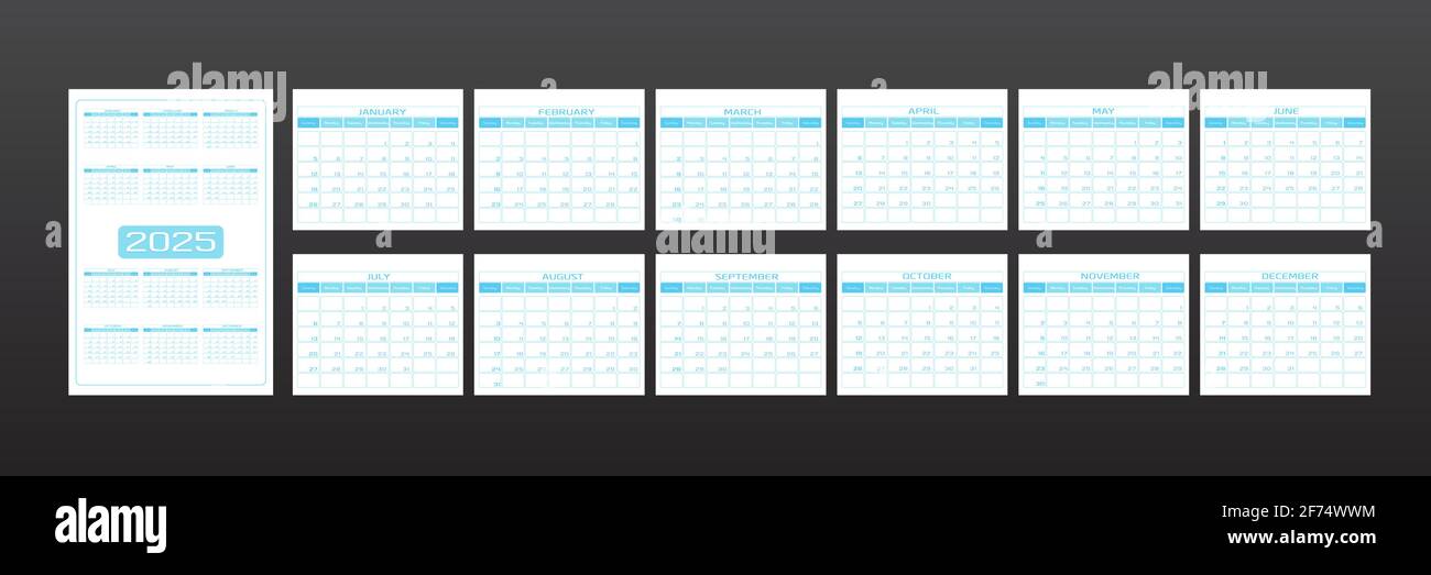 2025 calendar in minimalistic urban trendy style. set of 12 months template daily planner to-do list for every day. rounded streamlined shape, delicate light blue azure color. week starts on Sunday. Stock Vector
