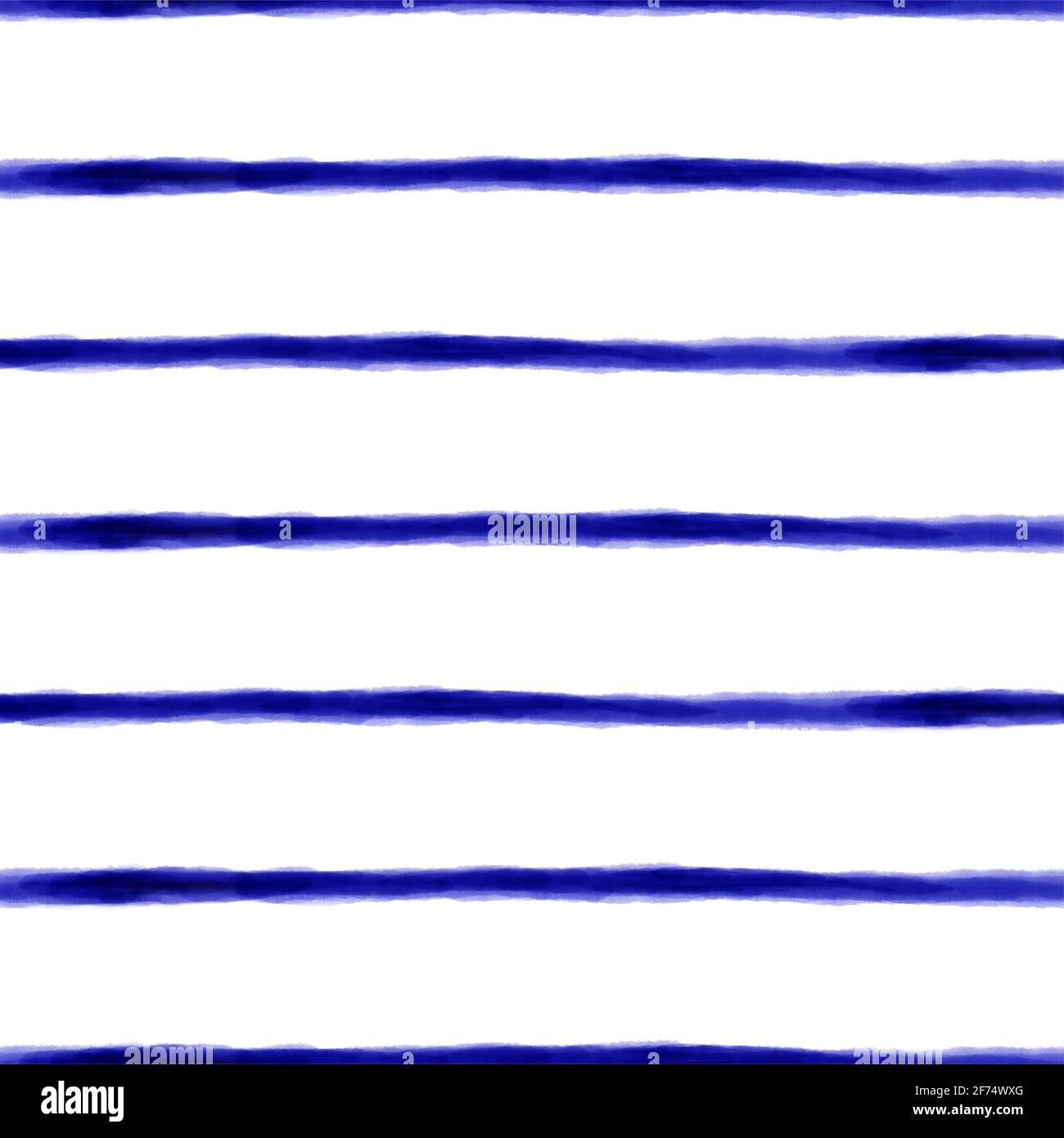 Blue Watercolor seamless stripes pattern background. Dark royal blue ink stripes thin horizontal on white repeating pattern. High quality photo. Stock Photo