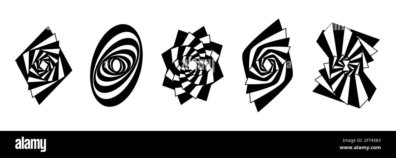 Set striped graphic shapes swirling in loop. Black and white shapes that create the illusion of