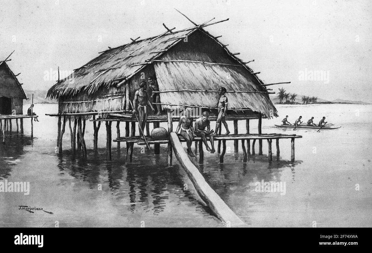 illustration of Tupuselei village in New Guinea, from a set of school posters used for social studies, c 1930 Stock Photo