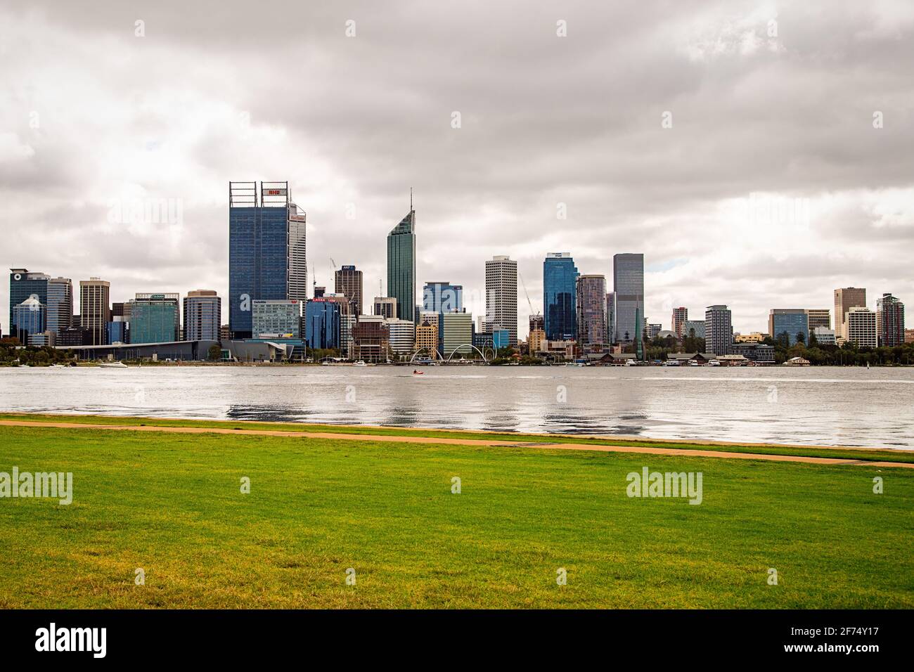 Perth City skyline on the Swan River, photographed from the South Perth foreshore Stock Photo