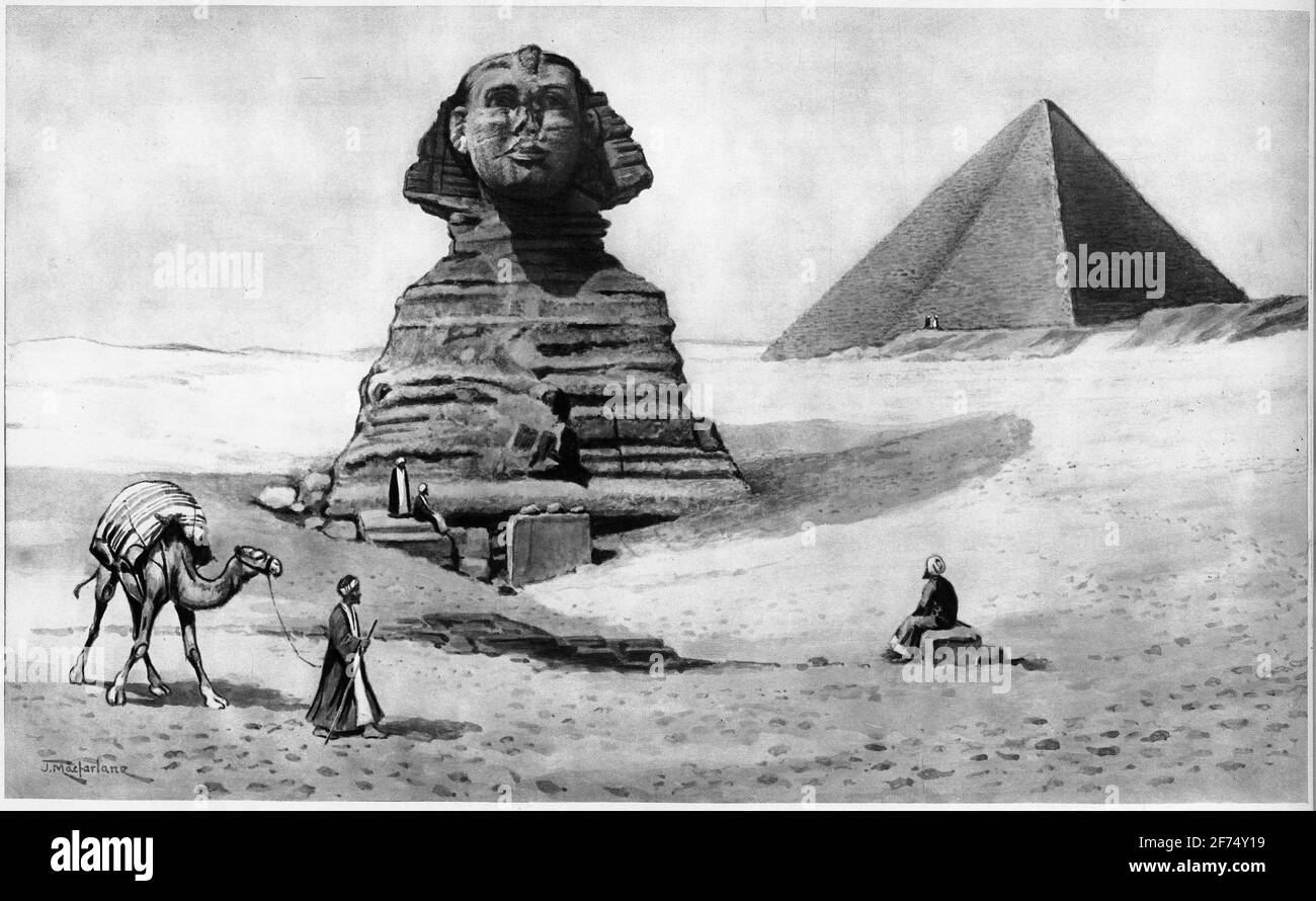 illustration of the Sphinx at the Gizeh plateau, from a set of school posters used for social studies, c 1930 Stock Photo