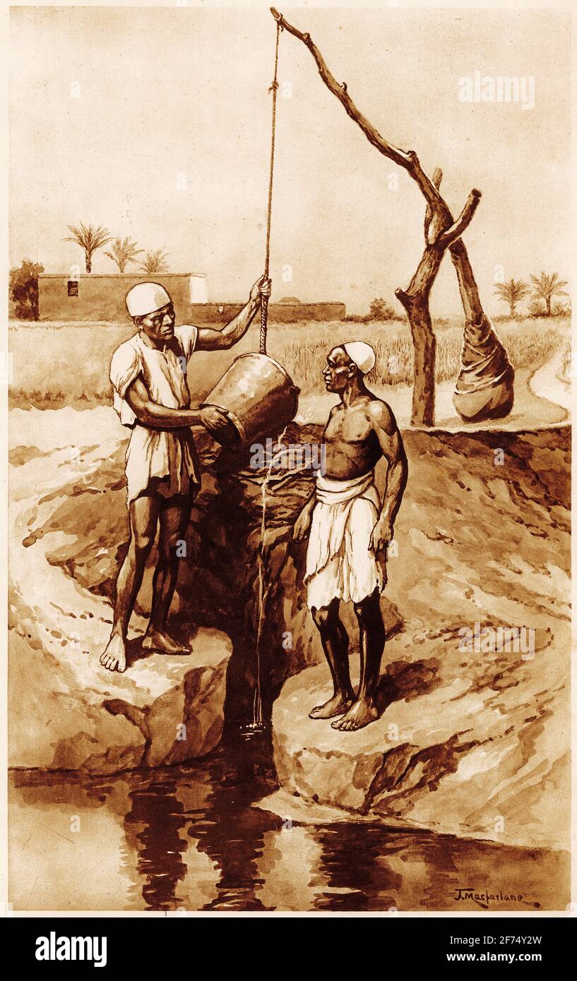 illustration of men using a shadoof to irrigate crops in ancient Egypt from a set of school posters used for social studies, c 1930 Stock Photo
