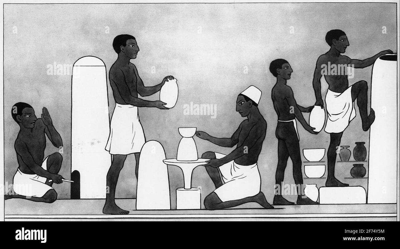 illustration of ancient Egyptian potters working near a kiln, from a set of school posters used for social studies, c 1930 Stock Photo