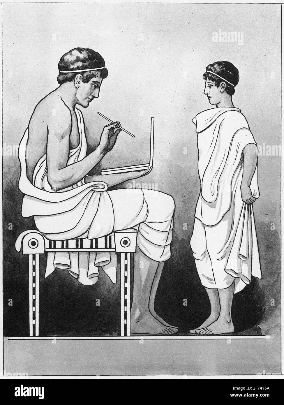 Halftone of a Greek scribe and a schoolboy. From a set of school posters for history and social studies c 1930 Stock Photo