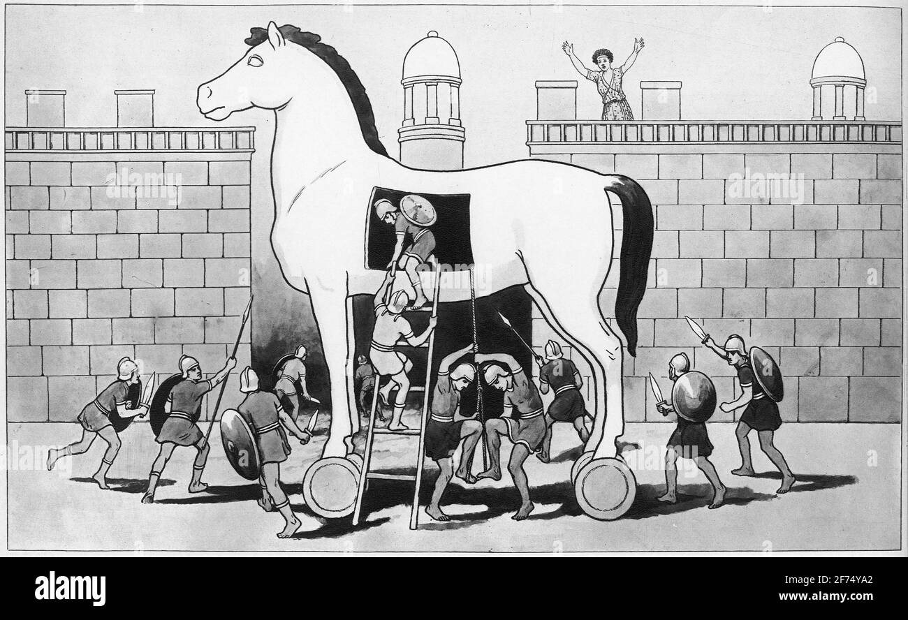 illustration of the wooden horse of troy, from a set of school posters used for social studies, c 1930 Stock Photo