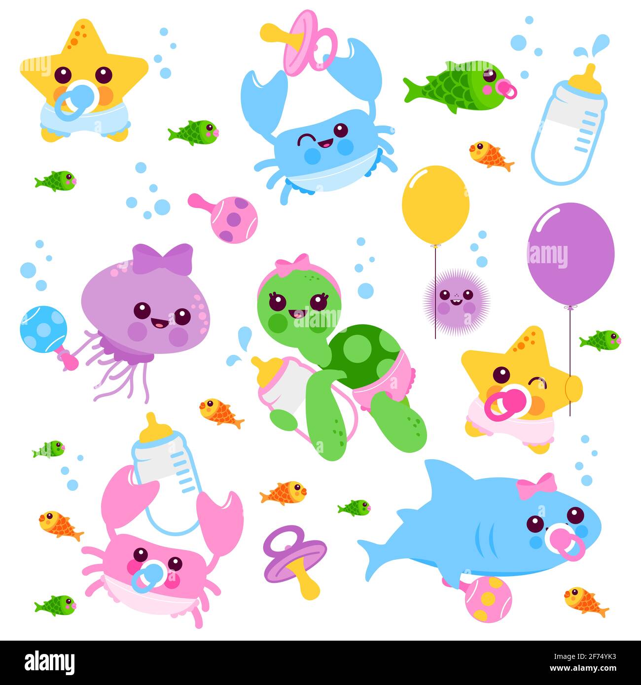 Cute baby sea animals with diapers, pacifiers and holding balloons, toys and milk bottles. Illustration set. Stock Photo