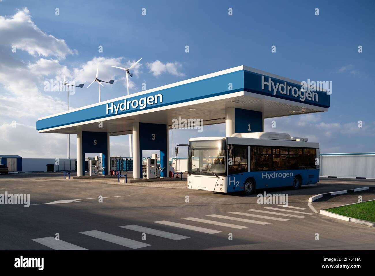Fuel cell bus at the hydrogen filling station. Concept Stock Photo