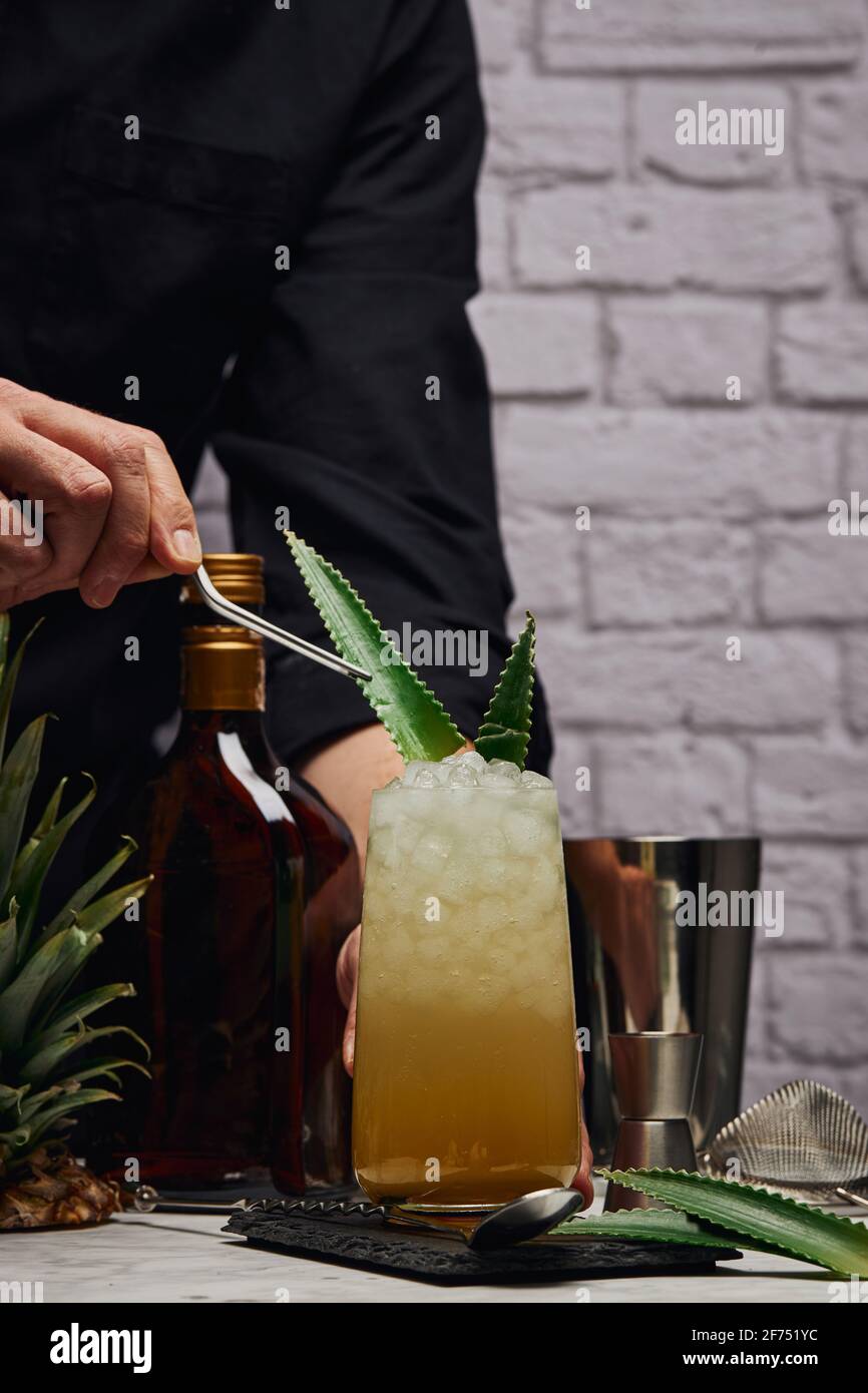 Crop unrecognizable bartender garnishing cocktail in glass with green ...