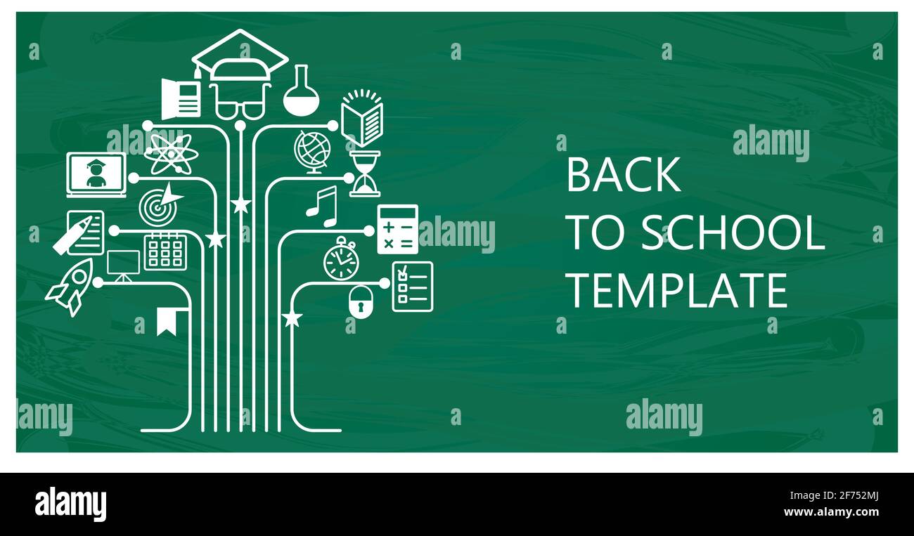 Back to school flat vector background. White icons on green chalkboard ...