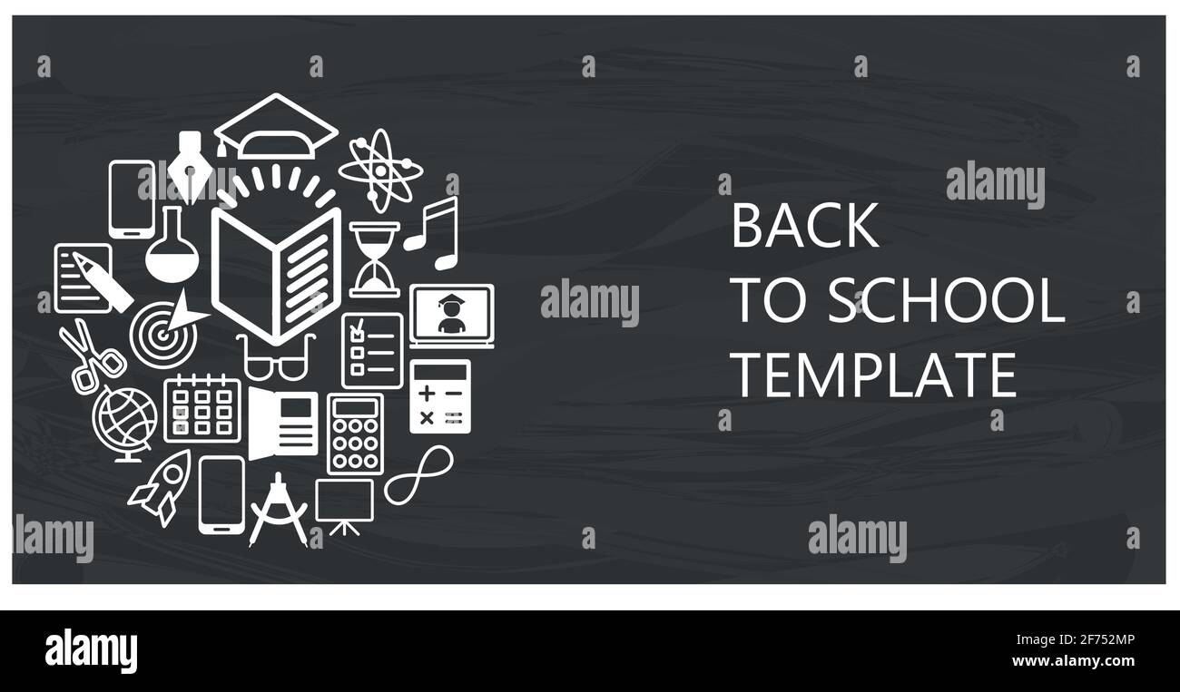 Back to school flat vector background. White icons on black chalkboard. Stock Vector
