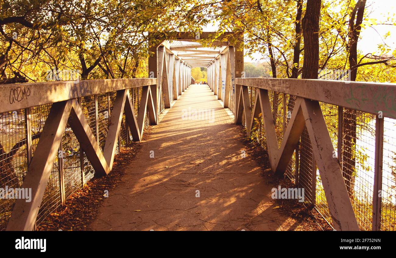 A bridge surrounded by trees and leaves on a sunny autumn day in Toronto. Stock Photo