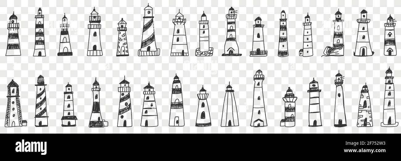 Lighthouse buildings in sea doodle set. Collection of hand drawn various facades of lighthouse buildings in sea or ocean shining lights isolated on transparent background Stock Vector