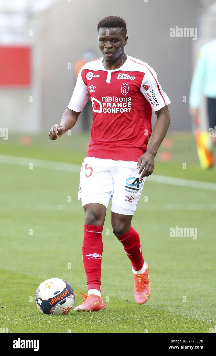 Moussa Doumbia of Reims during the French championship Ligue 1 football  match between Stade de Reims and Stade Rennais (Rennes) on April 4, 2021 at  Stade Auguste Delaune in Reims, France -
