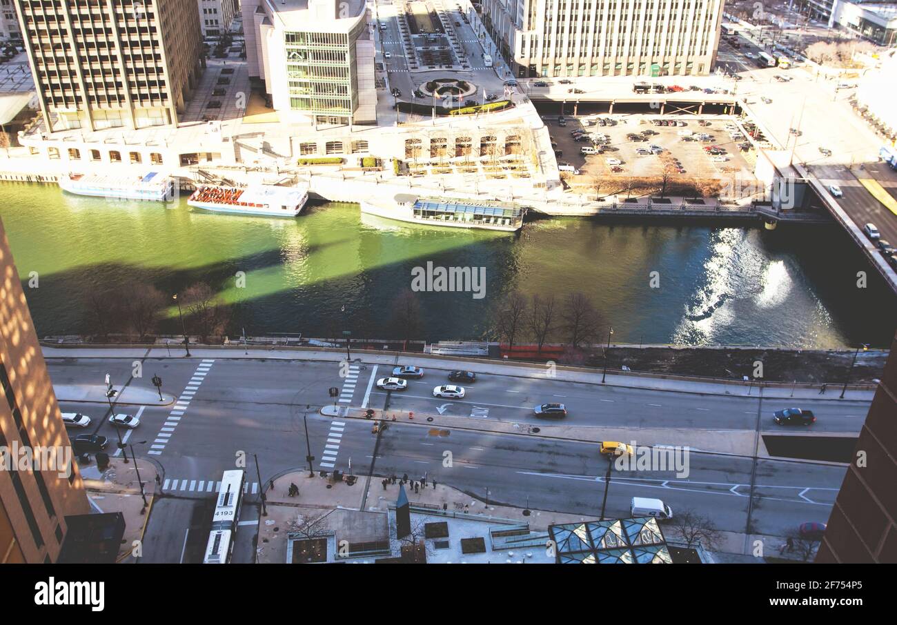 A view of Chicago's streets and the Chicago River from above on a sunny spring day. Stock Photo