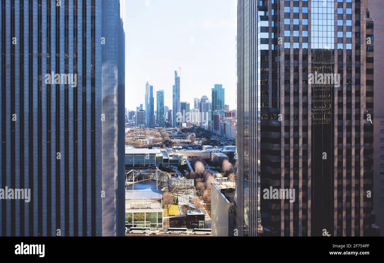 A shot of buildings and the urban landscape from up high in Chicago. Stock Photo