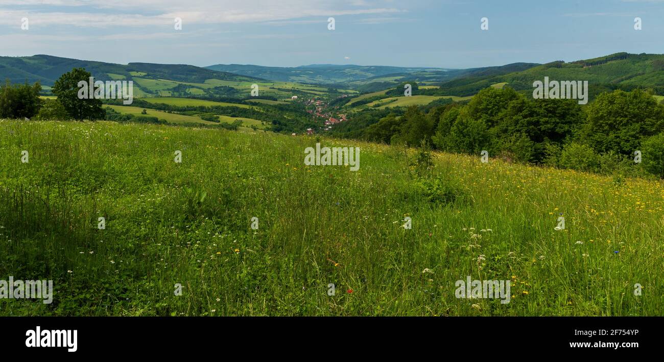 View from Laz hill above Nedasova Lhota village in Bile Karpay moutains in Czech republic with flowering meadow, hills and villages in valley Stock Photo