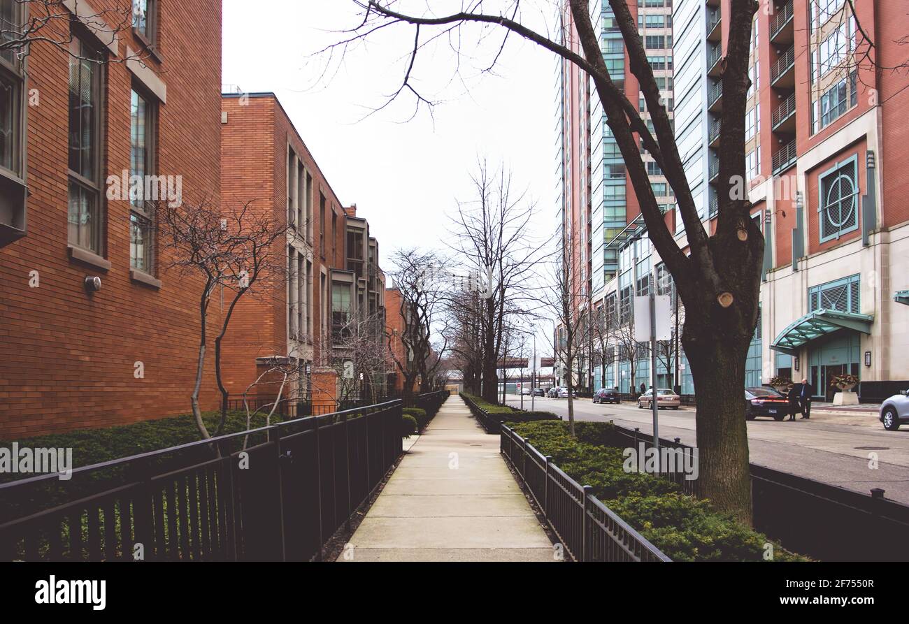An empty residential sidewalk in Chicago, Illinois. Stock Photo