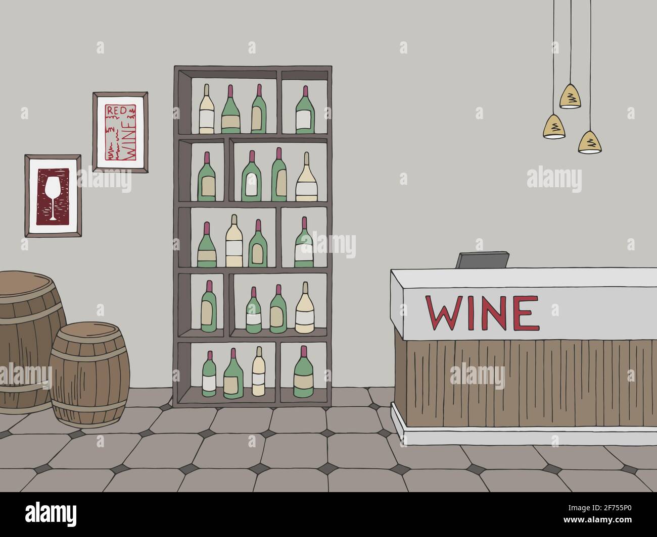 Wine store shop interior color graphic sketch illustration vector Stock Vector