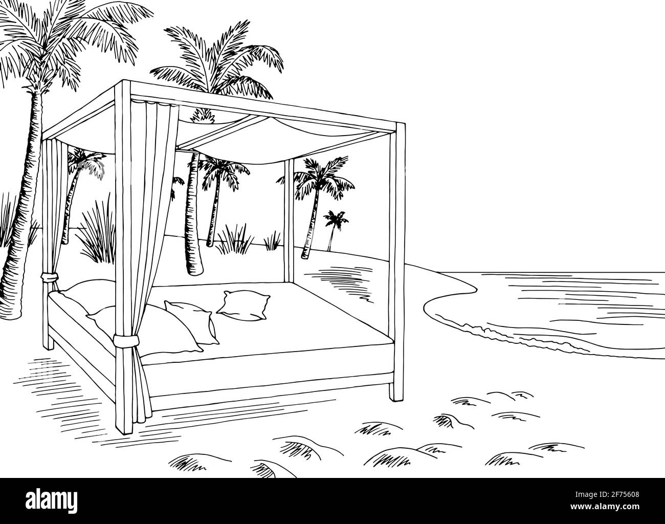 Sea coast beach bed graphic black white landscape sketch illustration ...