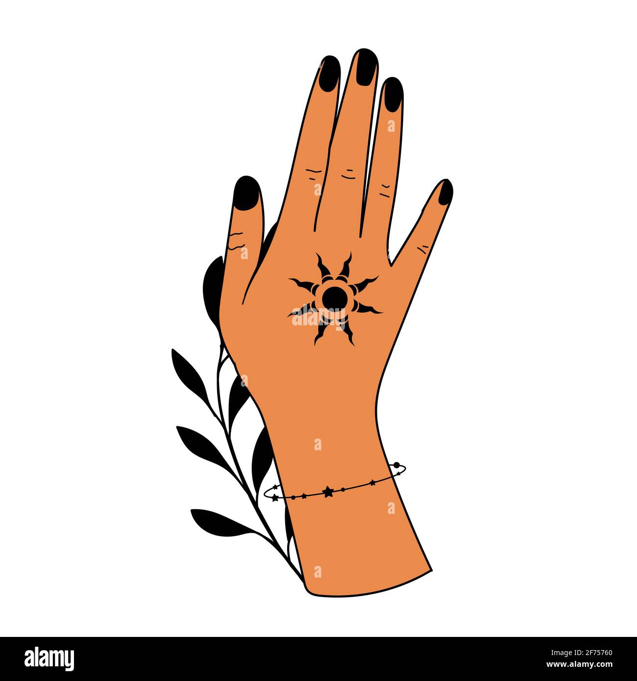 Hand drawn hand with Magic Symbols, Magic astrological symbols vector illustrations. Can use Tattoo design, mystic esoteric symbol. Stock Vector