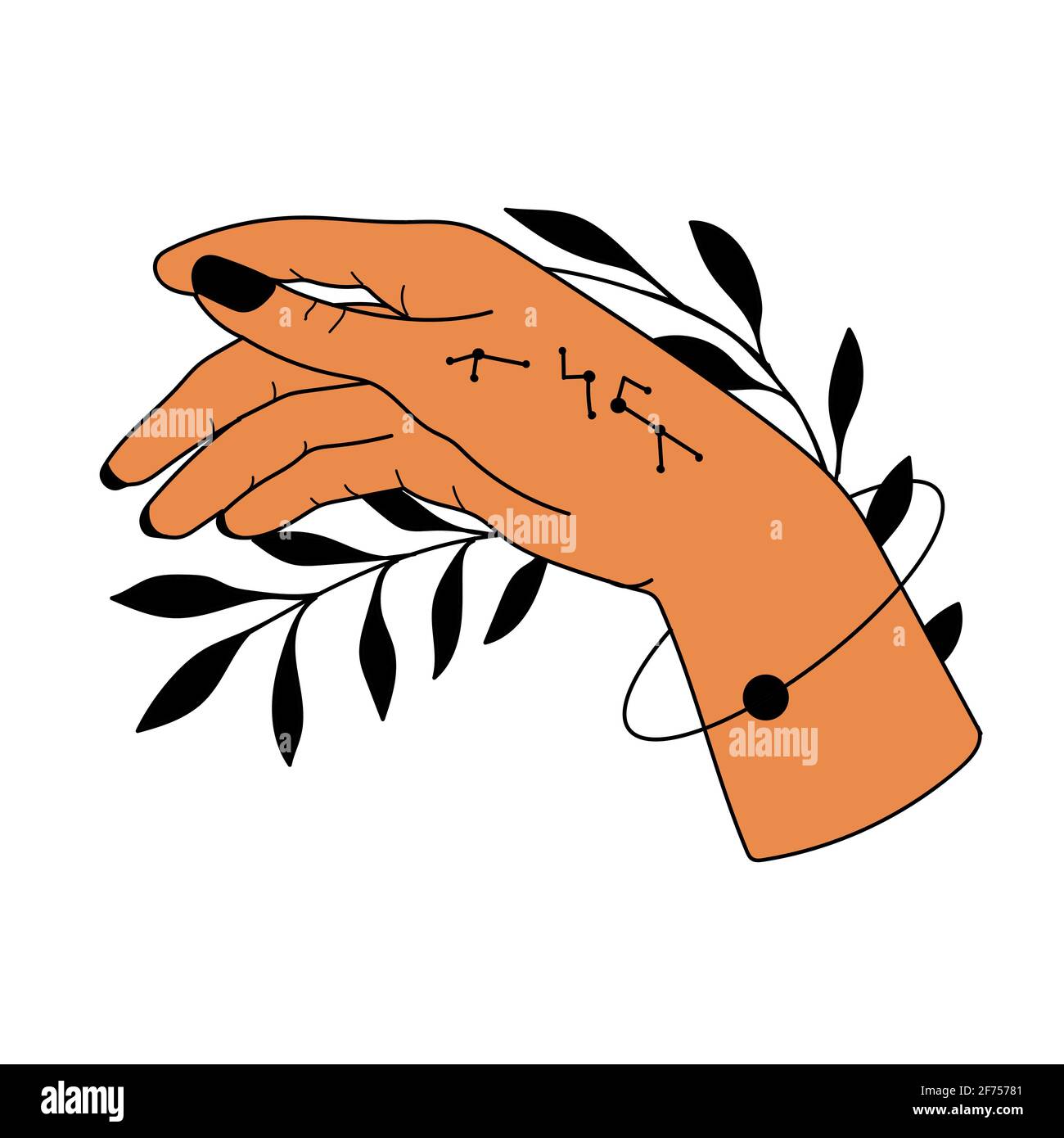 Hand drawn hand with Magic Symbols, Magic astrological symbols vector illustrations. Can use Tattoo design, mystic esoteric symbol. Stock Vector