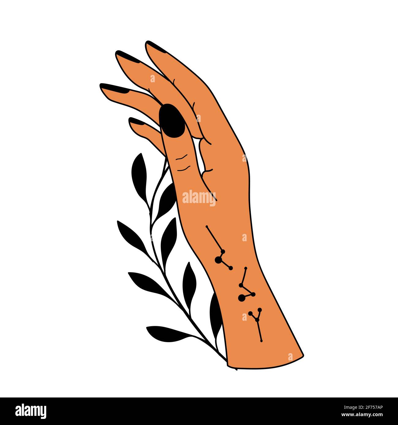 Hand drawn hand with Magic Symbols, Magic astrological symbols vector illustrations. Can use Tattoo design, mystic esoteric symbol. Stock Vector