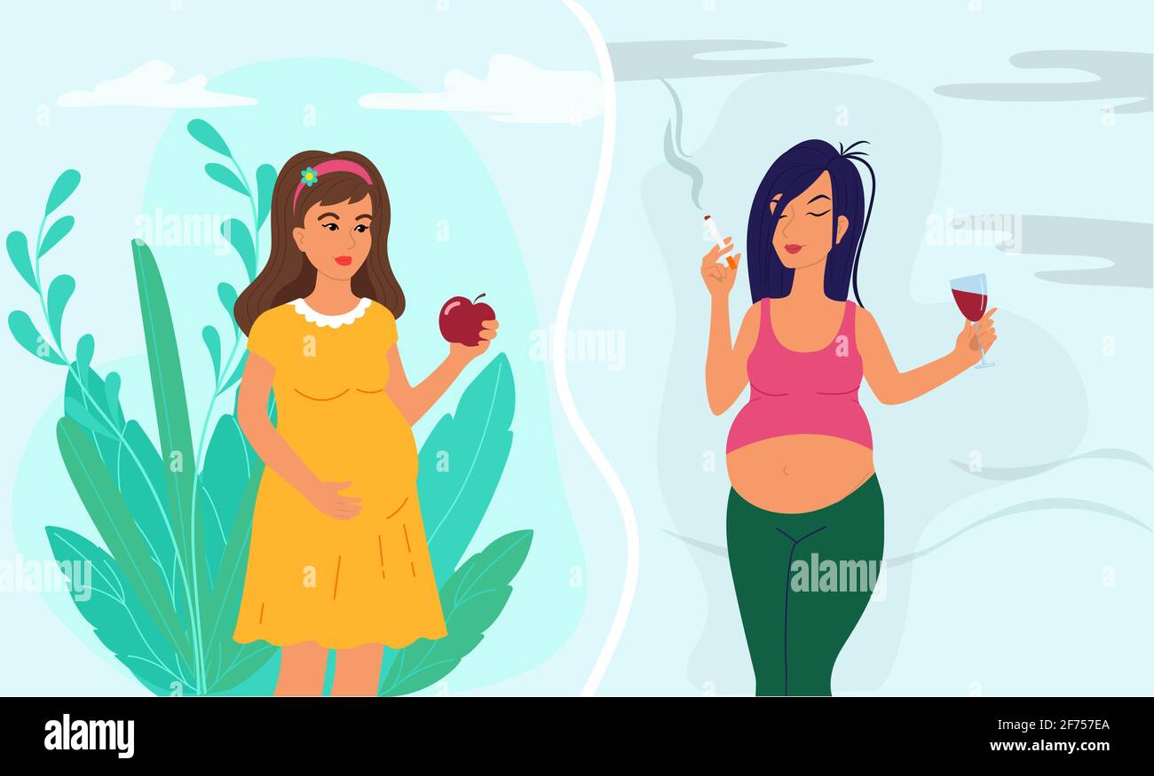 Healthy lifestyle of pregnant woman and unhealthy lifestyle concept. Stock Vector