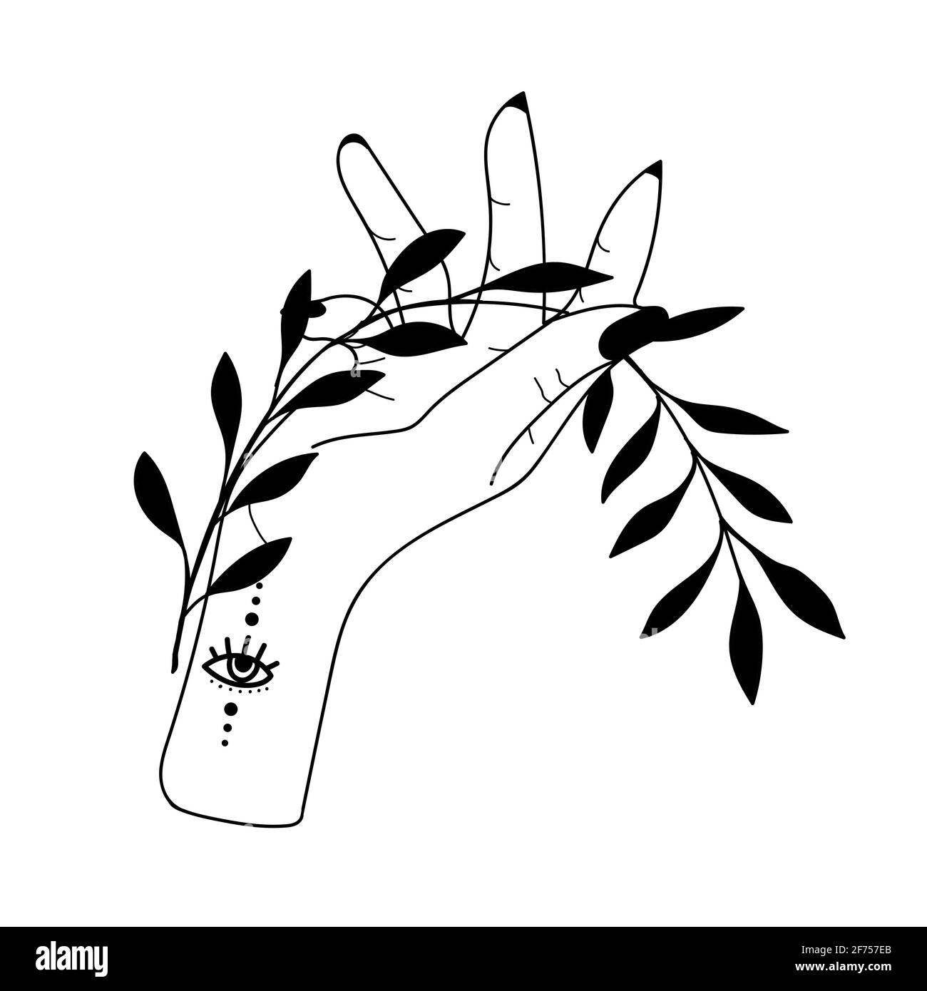 Hand drawn hand with Magic Symbols, Magic astrological symbols vector illustrations. Can use Tattoo design, mystic esoteric symbol. Stock Vector