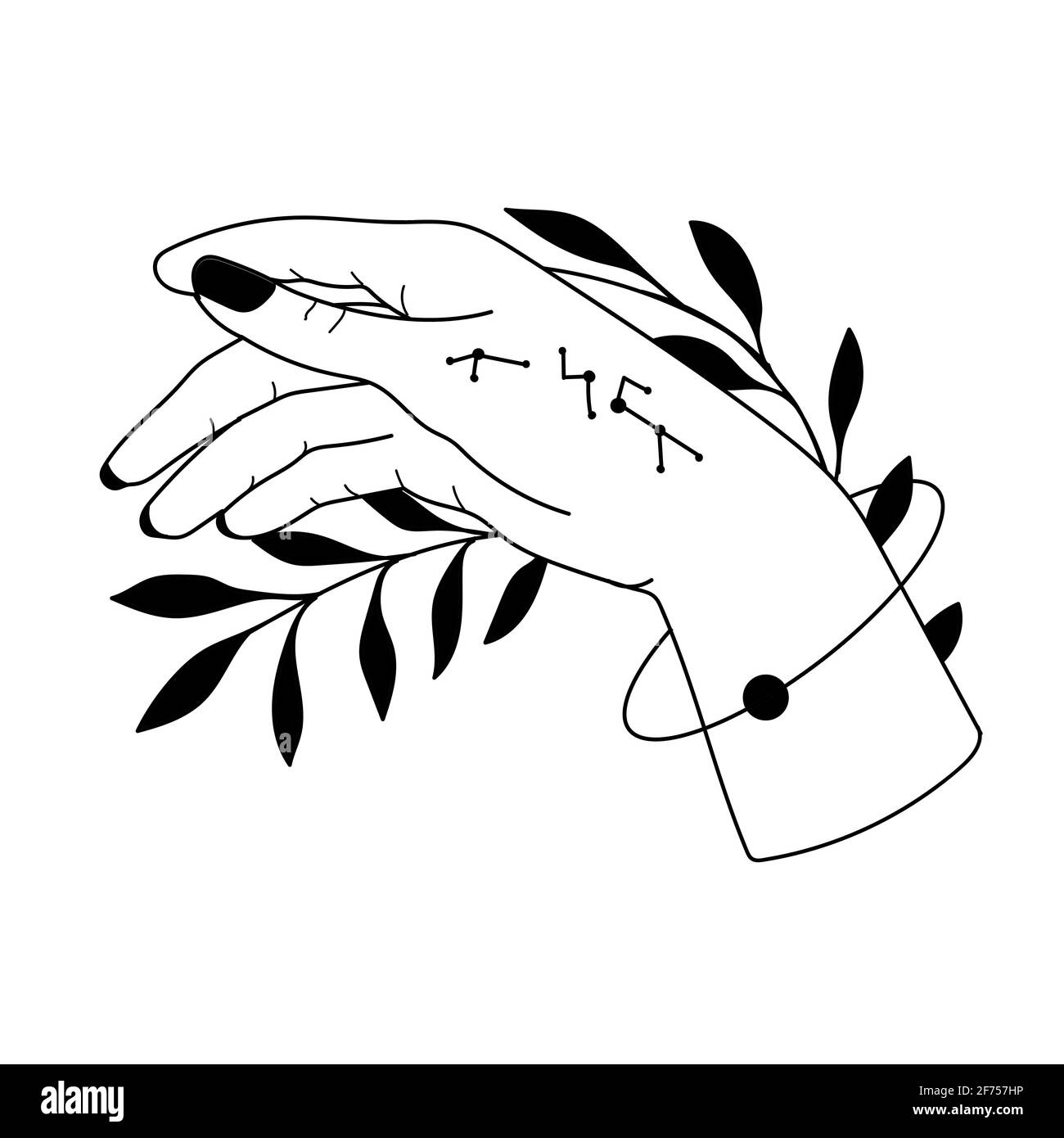 Hand drawn hand with Magic Symbols, Magic astrological symbols vector illustrations. Can use Tattoo design, mystic esoteric symbol. Stock Vector