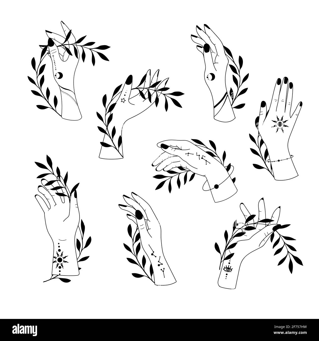 Collection hand drawn hands. Magic astrological symbols vector illustrations. Can use Tattoo design, mystic esoteric symbol Stock Vector
