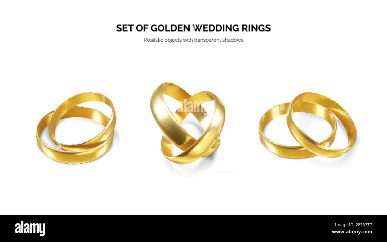 Set of golden wedding rings. Couple shiny realistic gold rings. Vector illustration Stock Vector