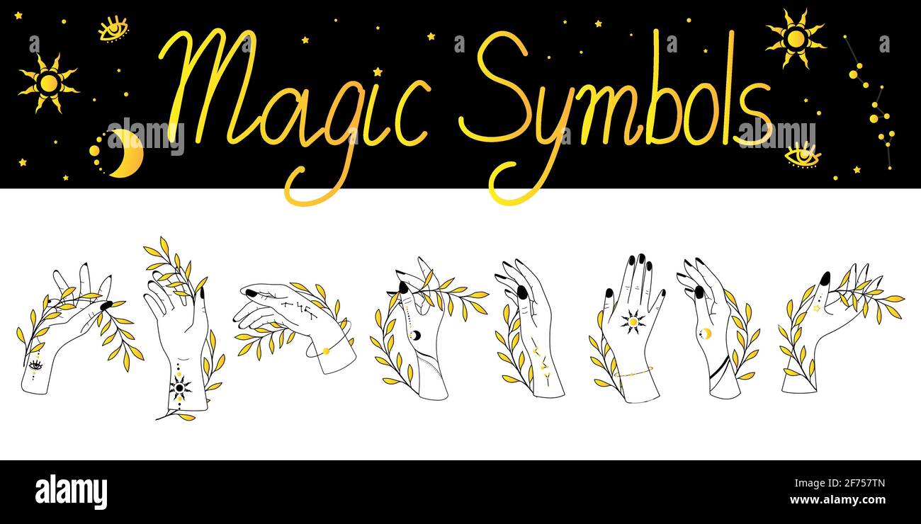 Set of alchemy esoteric mystical magic celestial talisman with woman hands, sun, moon, stars sacred geometry isolated. Spiritual occultism object Stock Vector