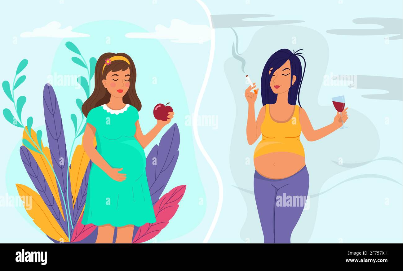 Healthy lifestyle of pregnant woman and unhealthy lifestyle concept. Stock Vector