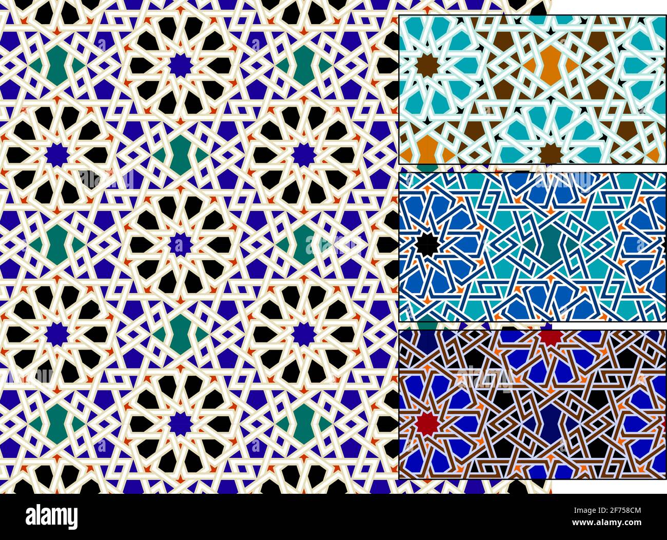 Traditional Arabic geometric ornament. One pattern - four seamless patterns in different colors. Stock Vector