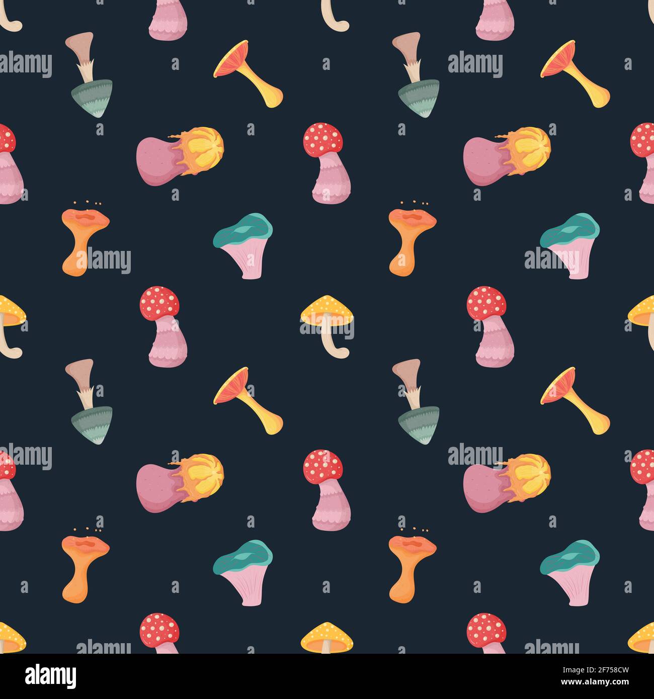Fantasy alien mushroom seamless pattern on dark green background. Stock Vector