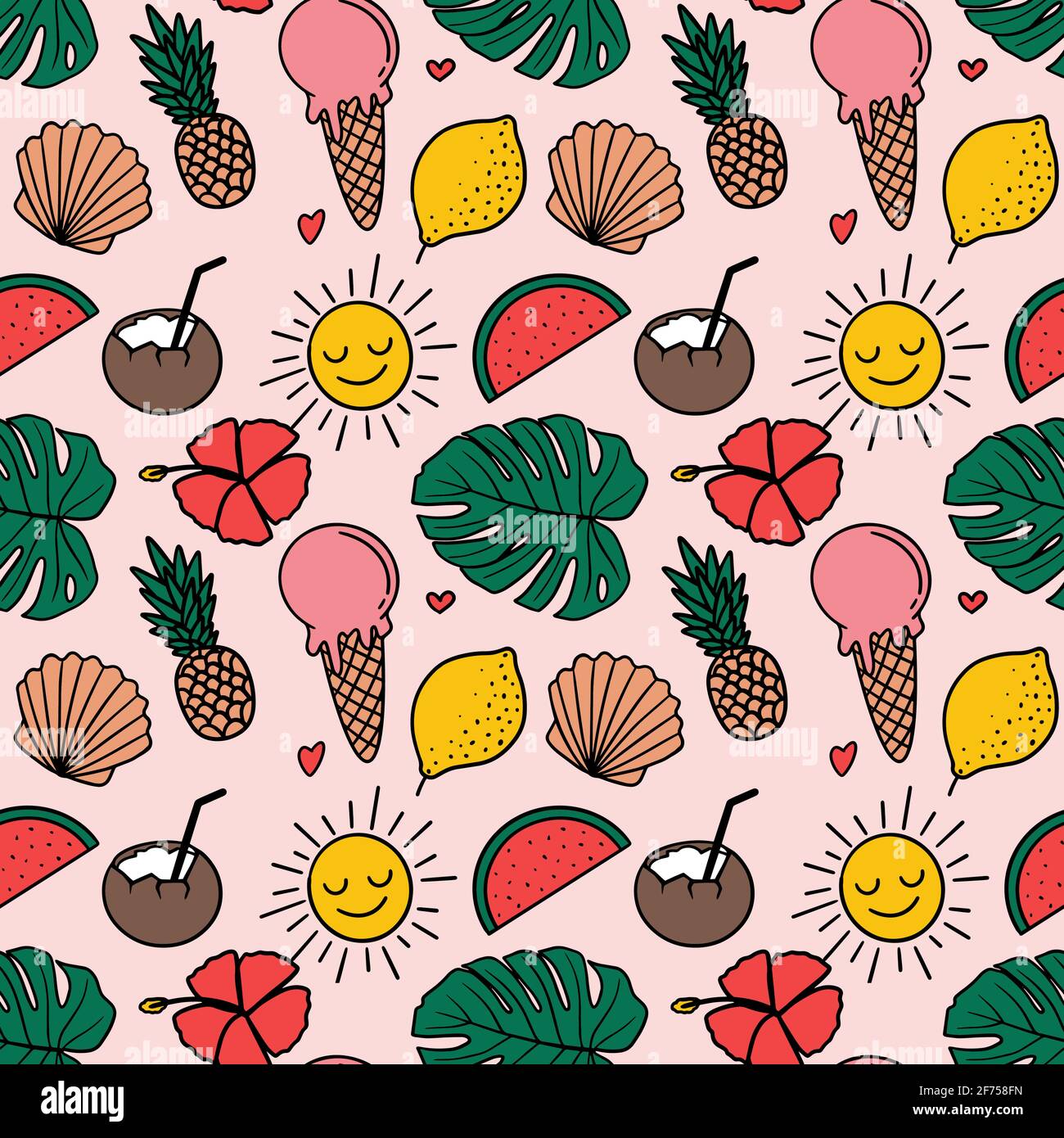 Summer tropical seamless pattern in doodle simple style with fruits, ice cream, sun and leaves. Vector isolated illustration Stock Vector