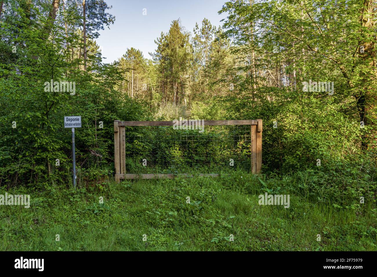 Closed gate with a sign: Deponie Betreten verboten (German for: Landfill, do not enter), seen in a forest in Ratingen, North Rhine-Westphalia, Germany Stock Photo