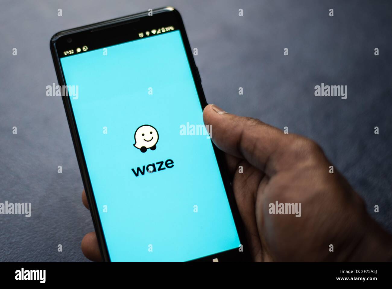 Waze navigation app for drivers on an android smartphone Stock Photo