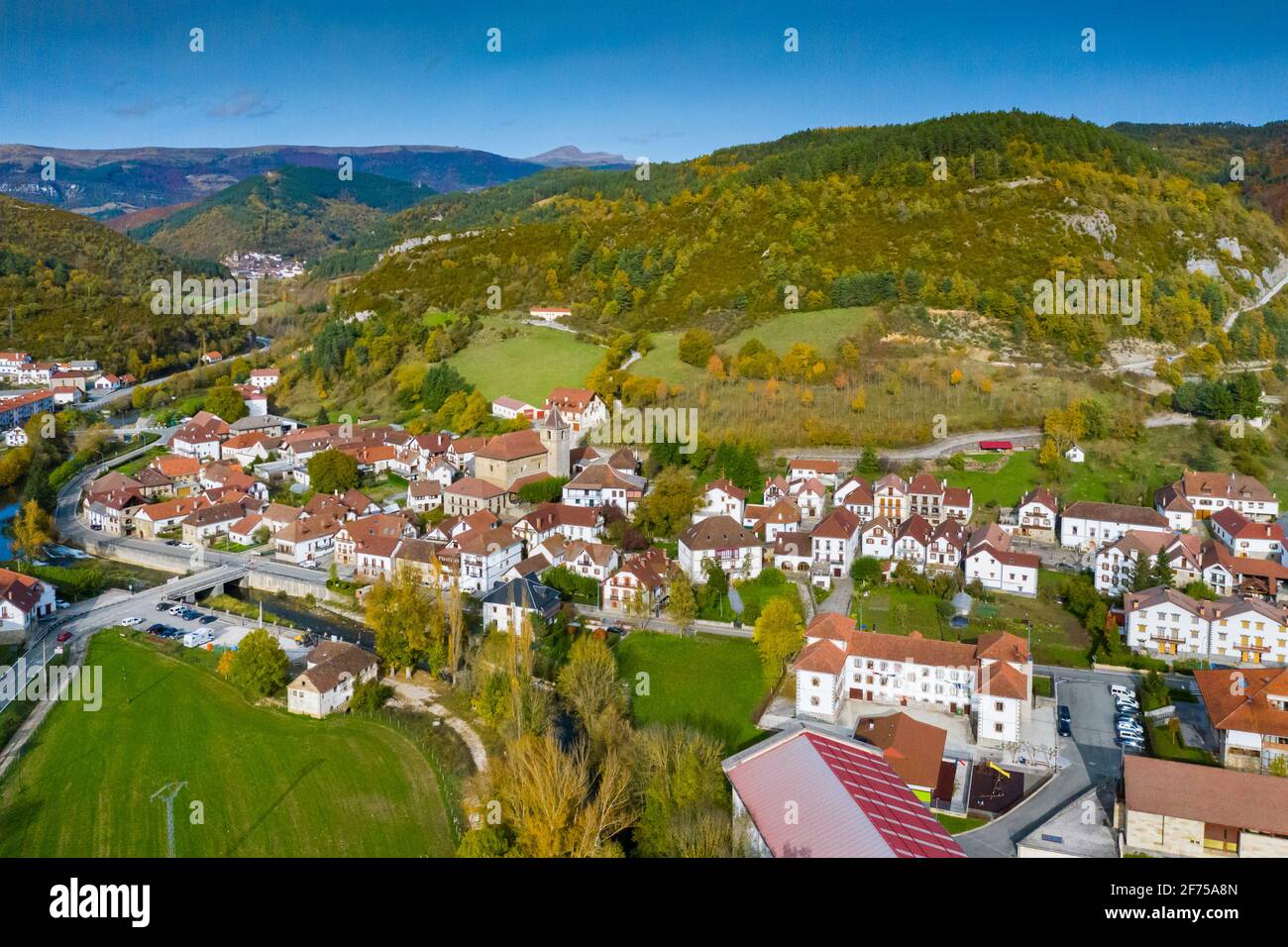 Aerial view of a village and hillsides. Stock Photo