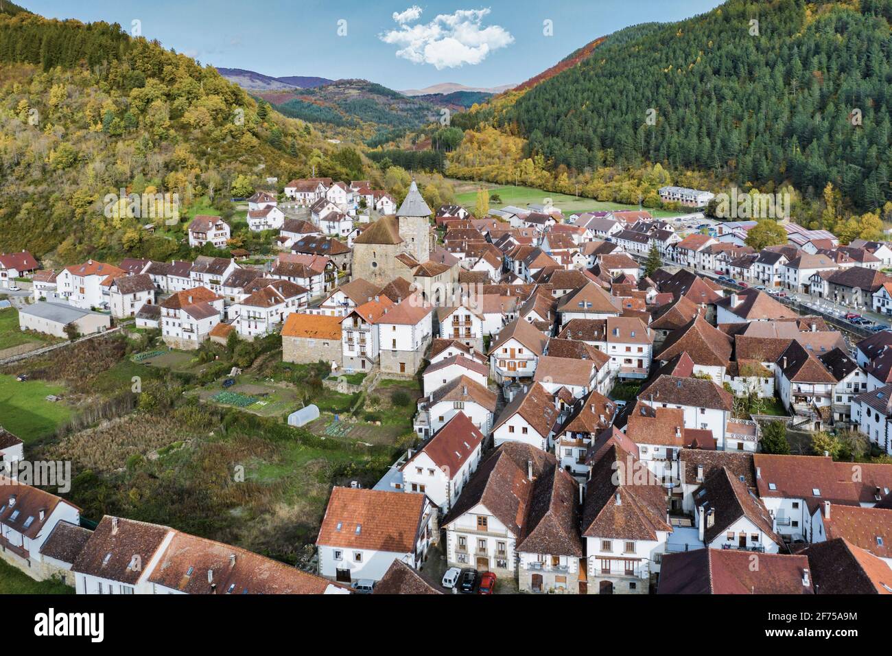 Aerial view of a village in a mountainous area. Stock Photo