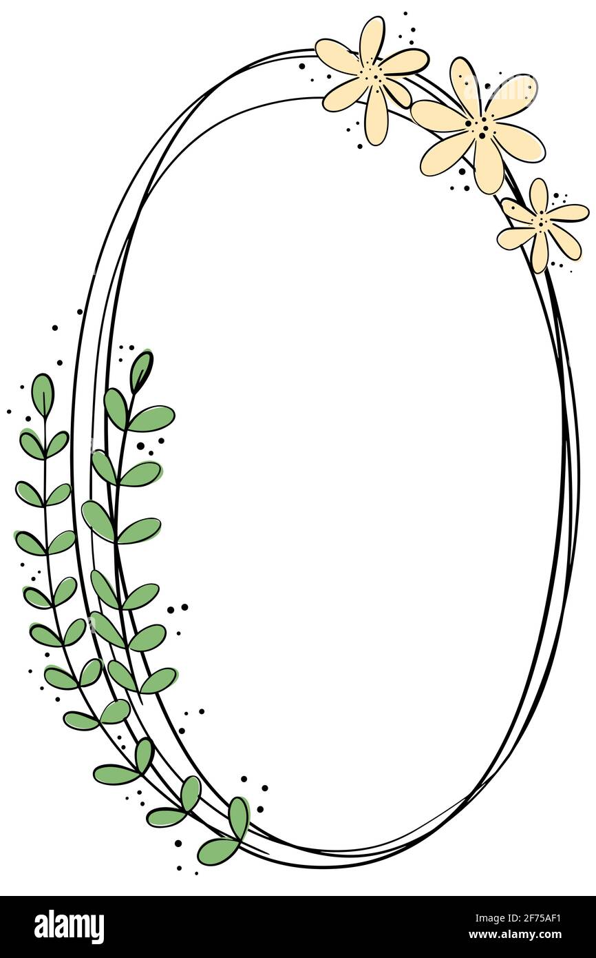 Simple hand drawn oval frame. Hand-drawn frame with flowers and leaves. Template for text. Festive postcard, background. Vector. Stock Vector