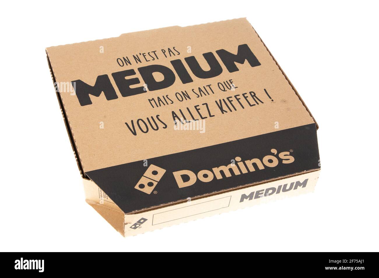 Bordeaux , Aquitaine France - 03 22 2021 : Domino's pizza logo and sign on medium box to go restaurant Dominos American multinational pizza restaurant Stock Photo