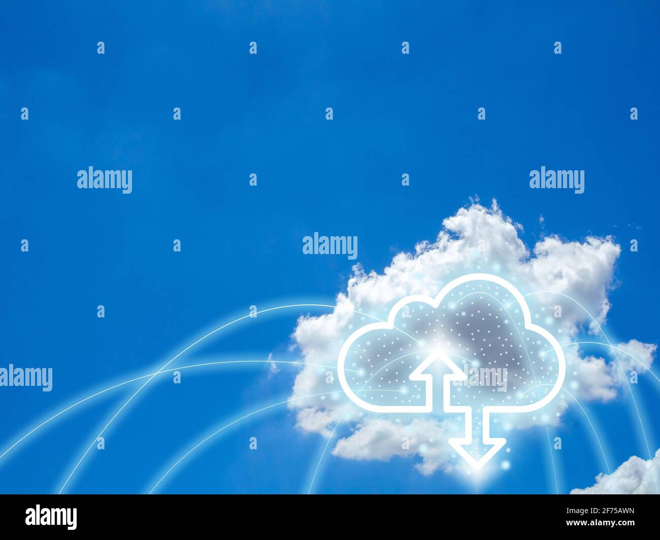 Cloud computing technology concept. Cloud digital storage icon with up and down arrows on blue sky background with copy space. Data network online ser Stock Photo