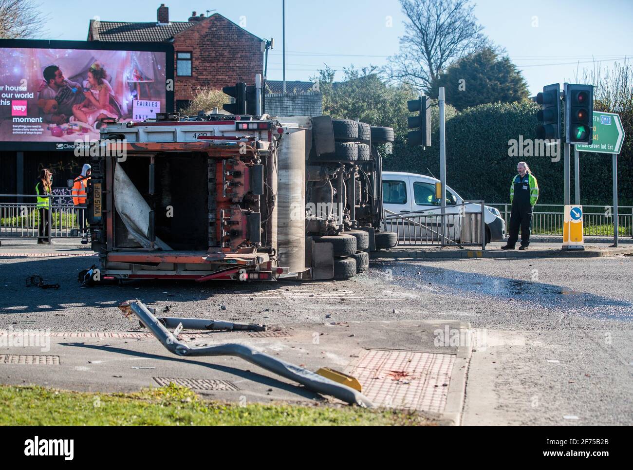 The scene at the junction of the A61 and A63 in Leeds where a bin lorry has overturned in a crash. Picture date: Monday April 5, 2021. Photo credit should read: Danny Lawson/PA Wire Stock Photo