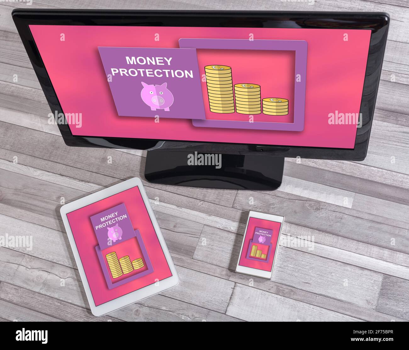 Money protection concept shown on different information technology devices Stock Photo