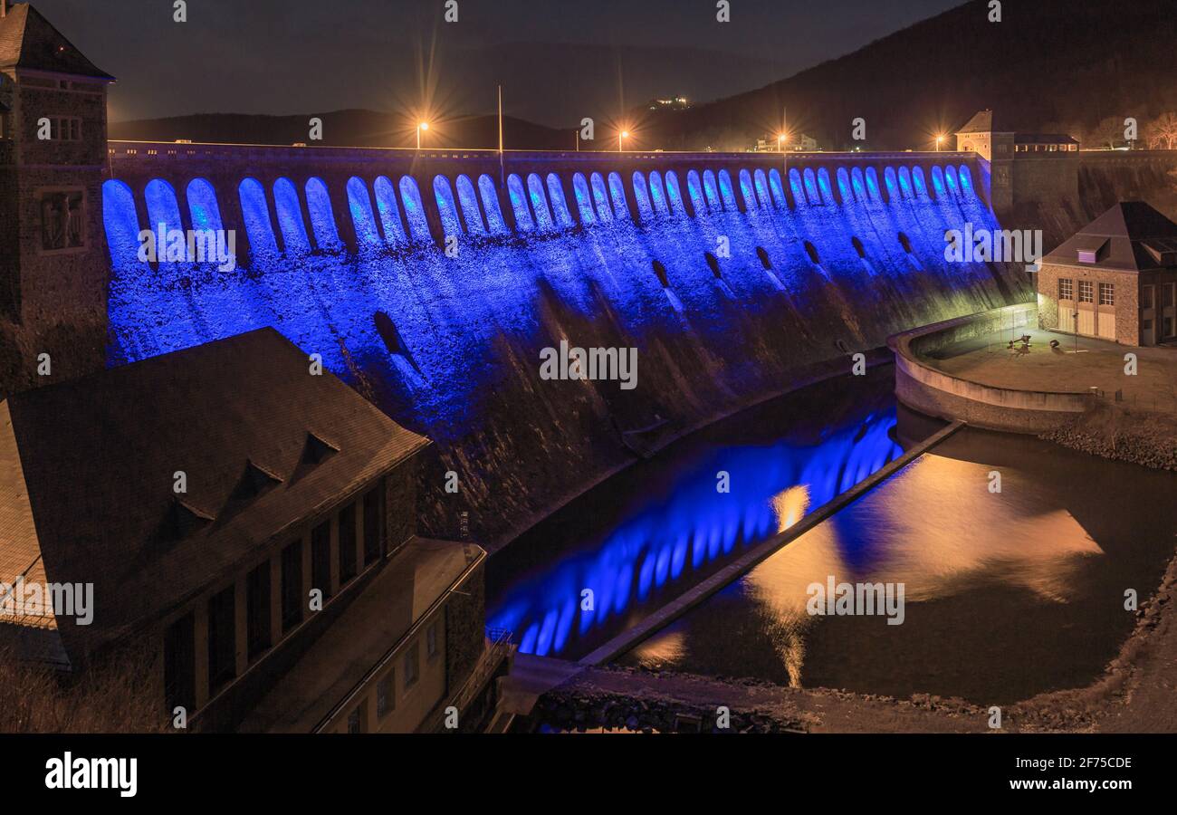Blue illuminated dam of the Edersee Talsperre Stock Photo