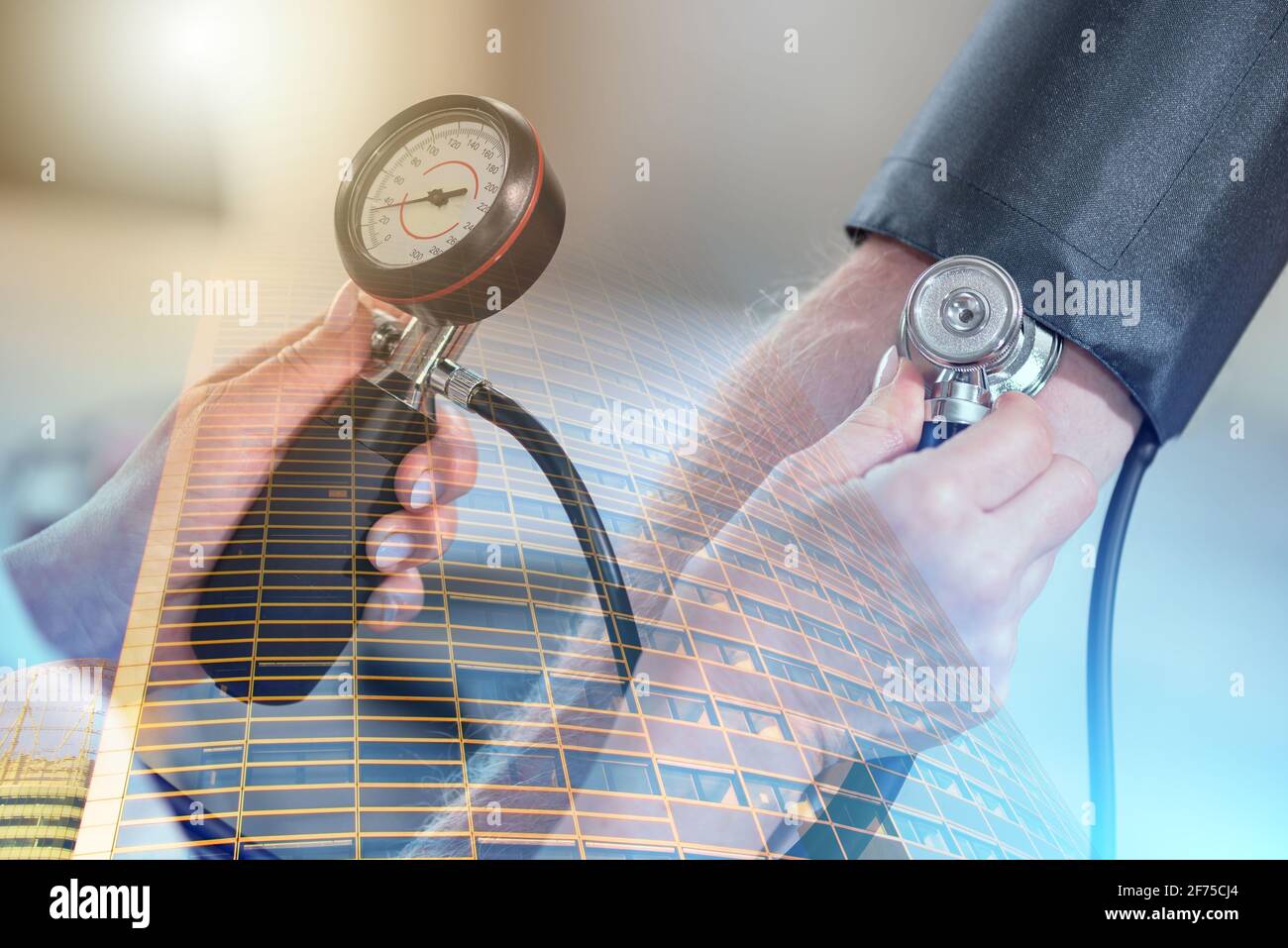 Female doctor measuring blood pressure with sphygmomanometer; multiple