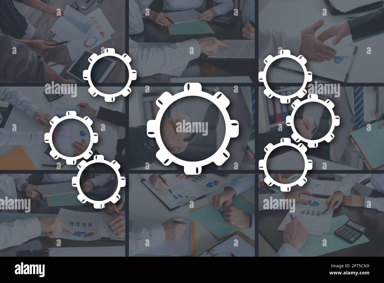 Manufacturing process concept illustrated by pictures on background ...